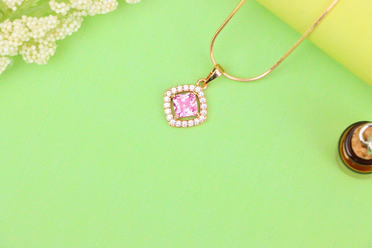Pink Princess-Cut Pendant in Gold Plated Brass with Sparkling Halo, XPPT1789 (2153-1)