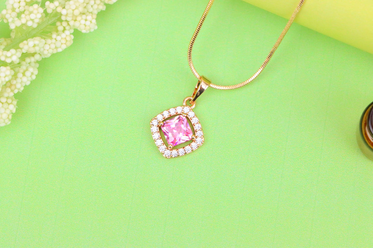 Pink Princess-Cut Pendant in Gold Plated Brass with Sparkling Halo, XPPT1789 (2153-1)