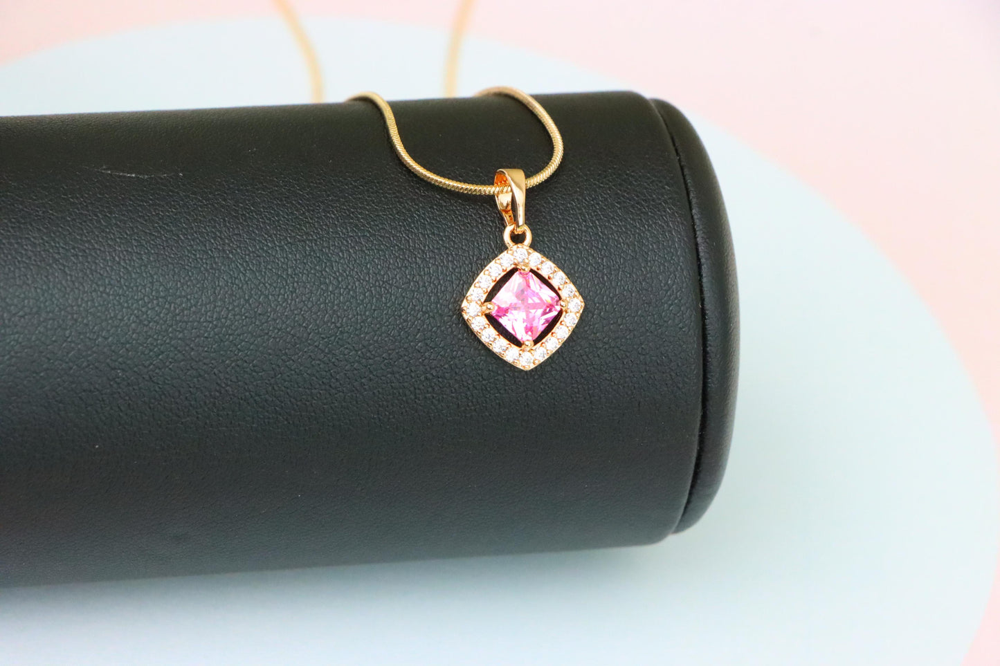 Pink Princess-Cut Pendant in Gold Plated Brass with Sparkling Halo, XPPT1789 (2153-1)