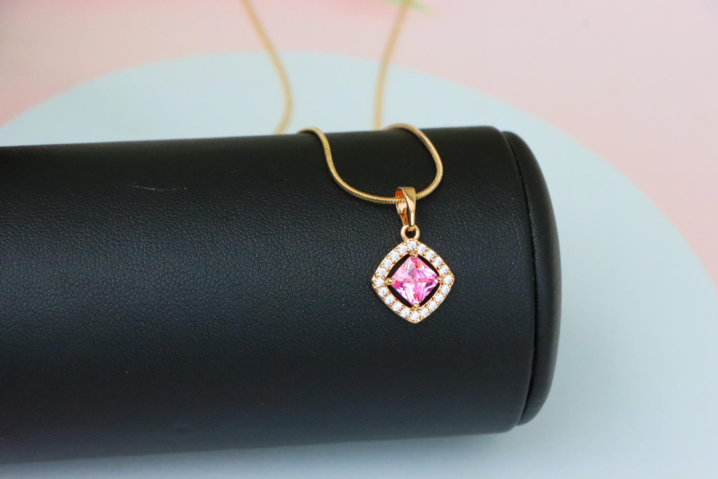 Pink Princess-Cut Pendant in Gold Plated Brass with Sparkling Halo, XPPT1789 (2153-1)