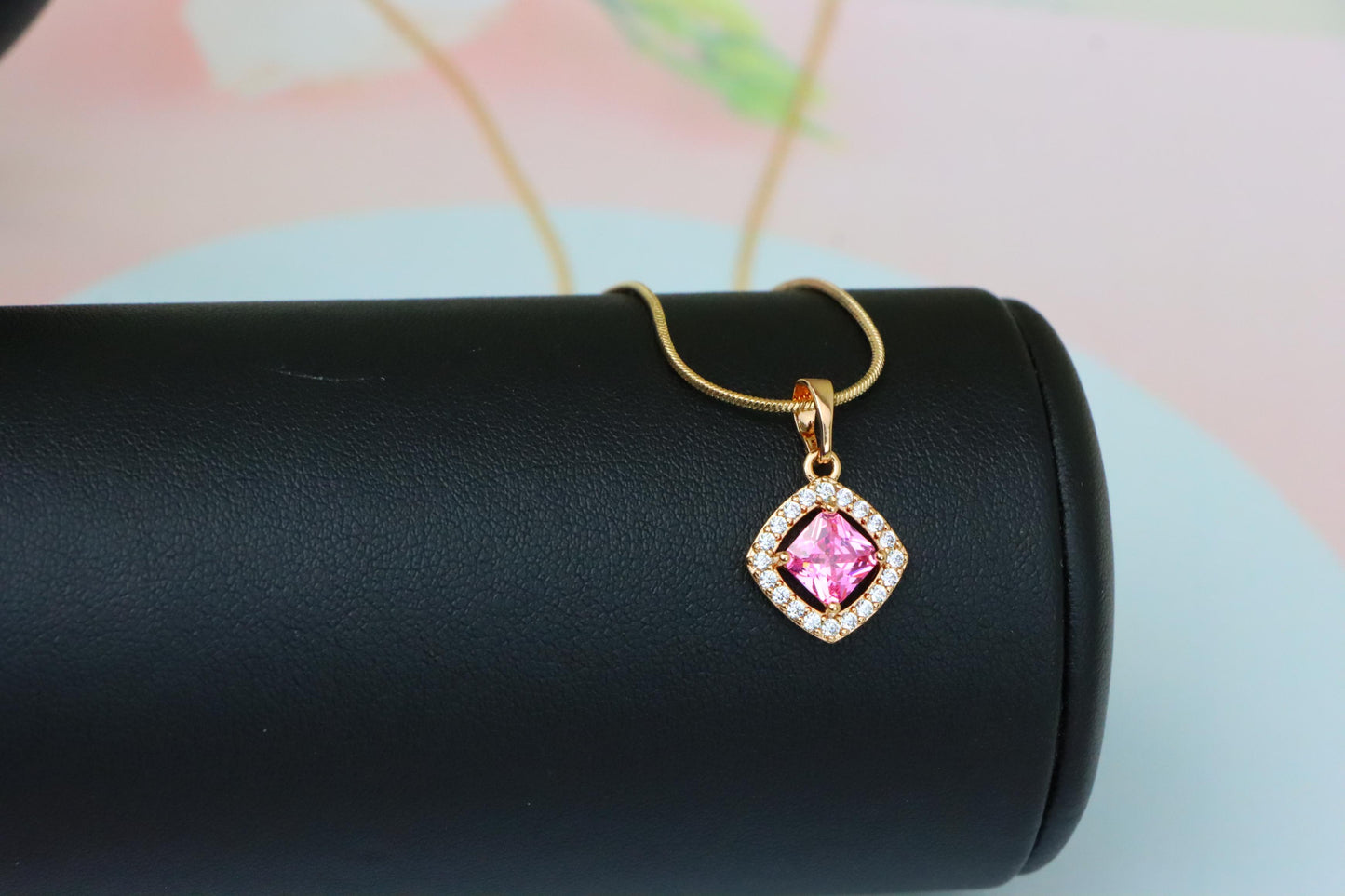Pink Princess-Cut Pendant in Gold Plated Brass with Sparkling Halo, XPPT1789 (2153-1)