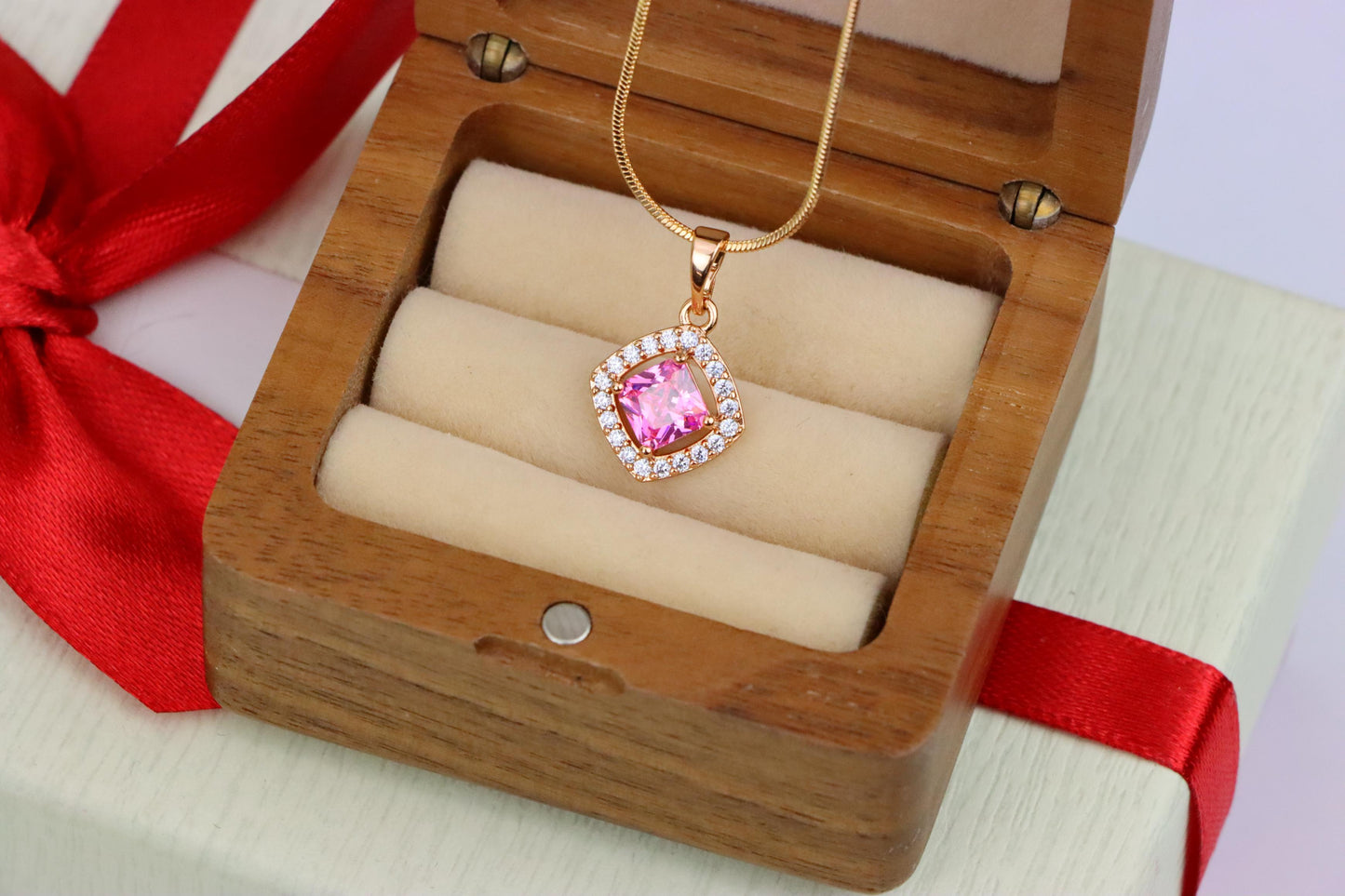 Pink Princess-Cut Pendant in Gold Plated Brass with Sparkling Halo, XPPT1789 (2153-1)