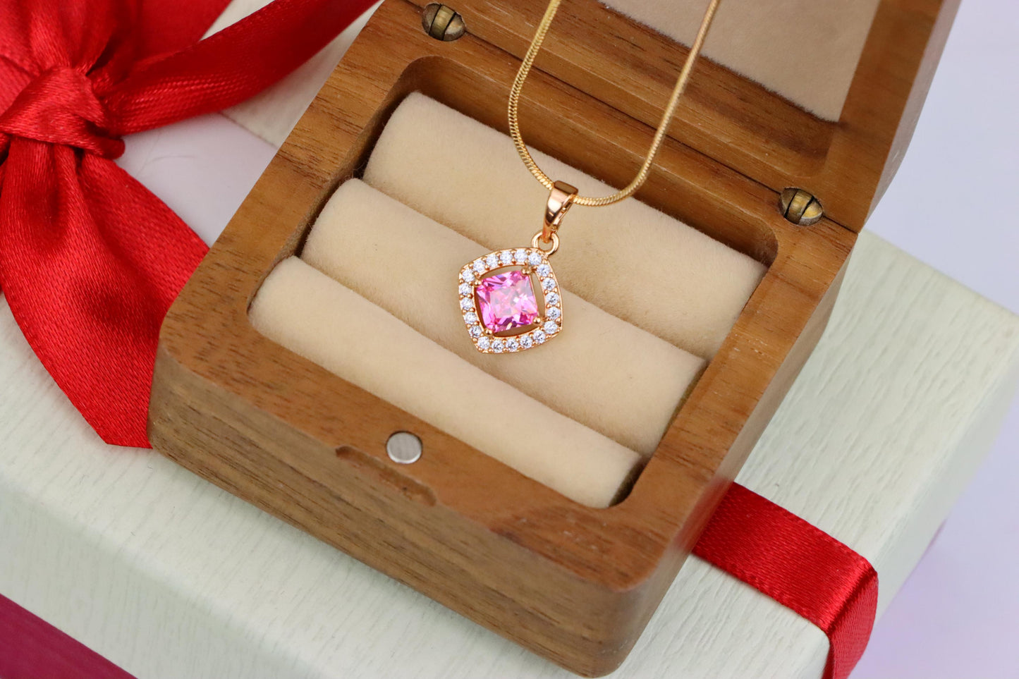 Pink Princess-Cut Pendant in Gold Plated Brass with Sparkling Halo, XPPT1789 (2153-1)