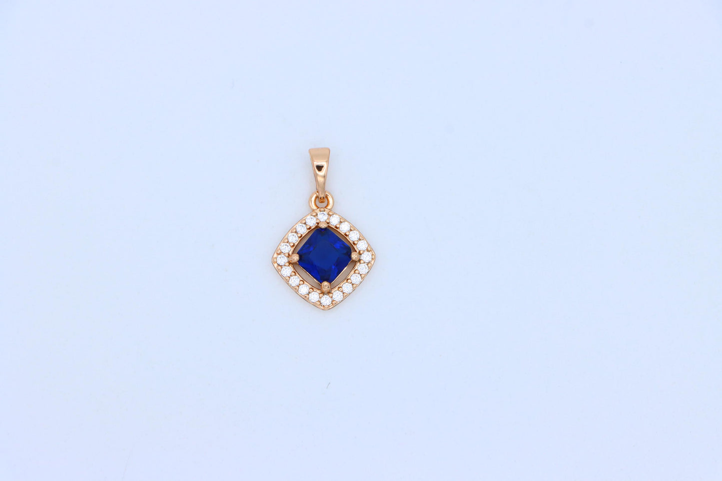 Blue Princess-Cut Pendant with Crystal Halo in Gold Plated Brass, XPPT1791 (2153-1)
