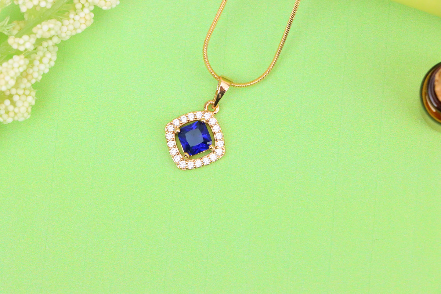 Blue Princess-Cut Pendant with Crystal Halo in Gold Plated Brass, XPPT1791 (2153-1)
