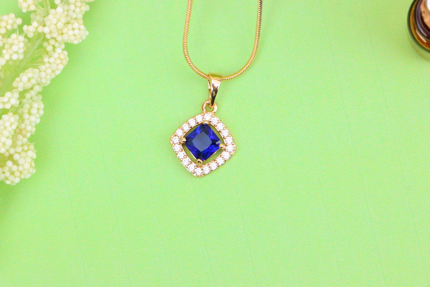 Blue Princess-Cut Pendant with Crystal Halo in Gold Plated Brass, XPPT1791 (2153-1)