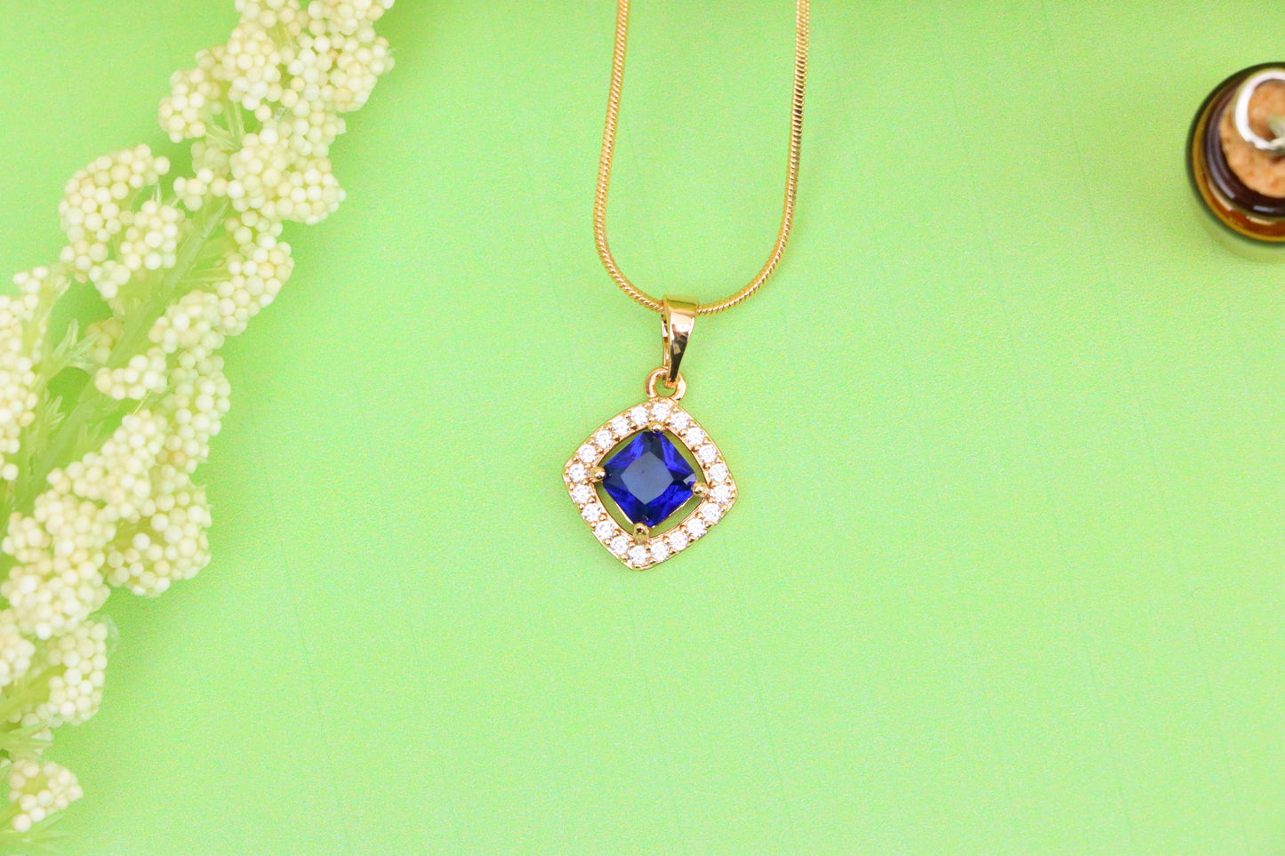 Blue Princess-Cut Pendant with Crystal Halo in Gold Plated Brass, XPPT1791 (2153-1)