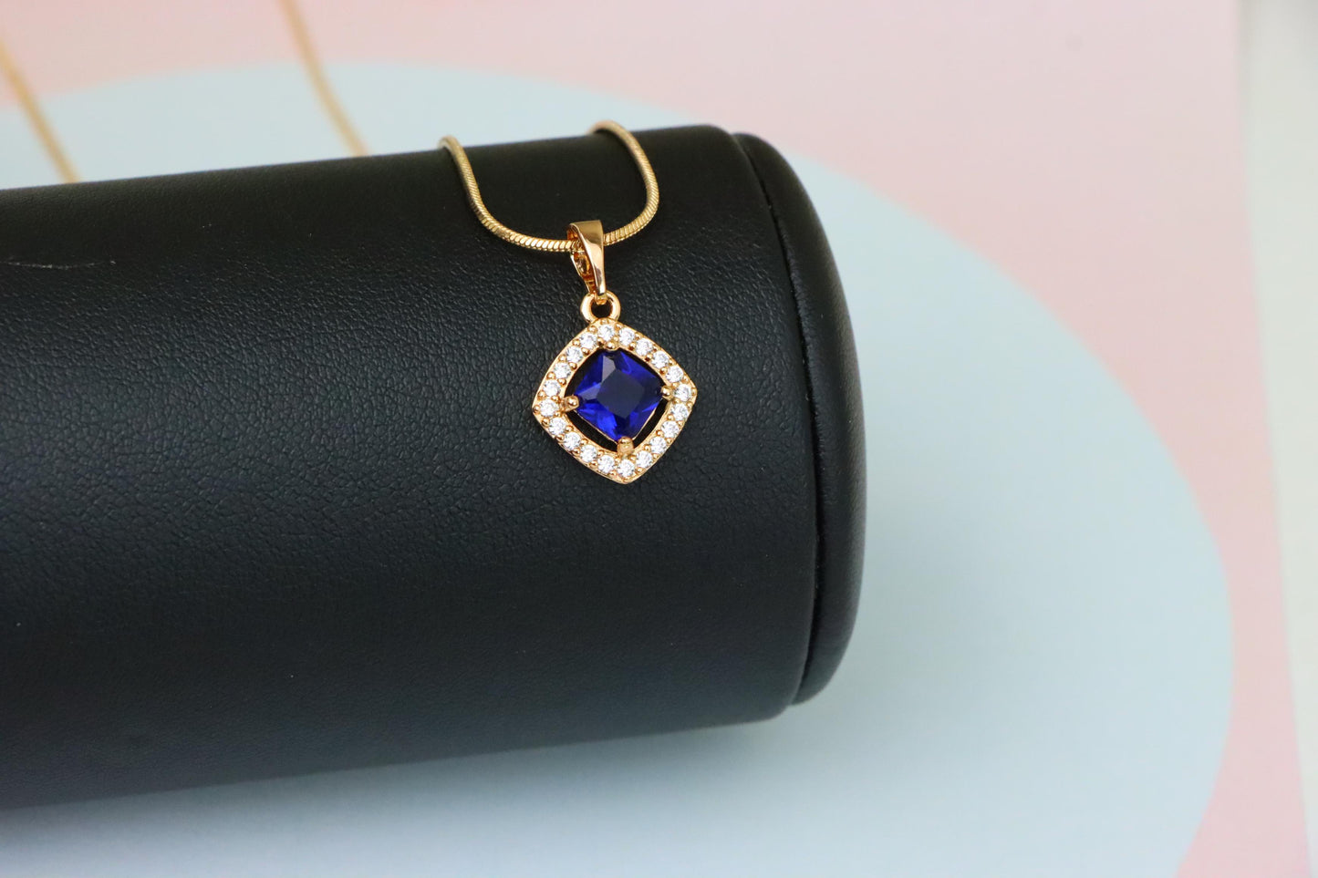 Blue Princess-Cut Pendant with Crystal Halo in Gold Plated Brass, XPPT1791 (2153-1)