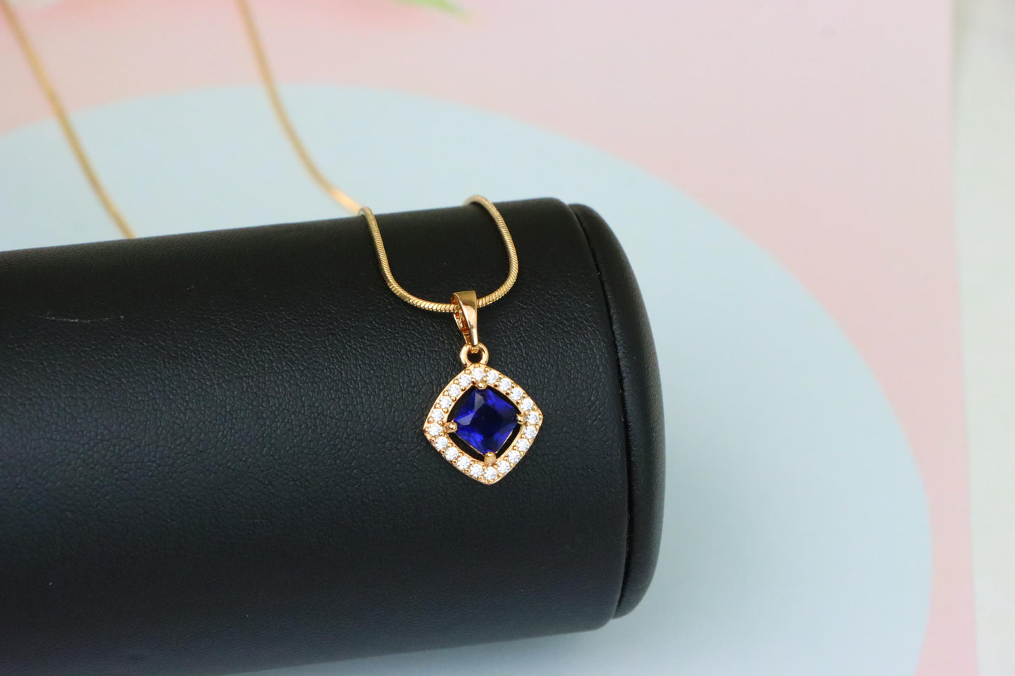 Blue Princess-Cut Pendant with Crystal Halo in Gold Plated Brass, XPPT1791 (2153-1)