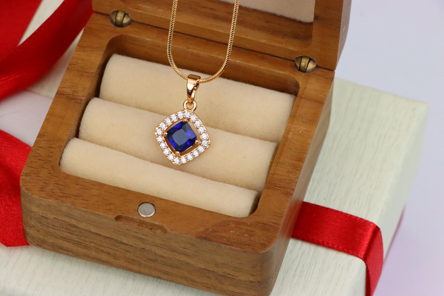 Blue Princess-Cut Pendant with Crystal Halo in Gold Plated Brass, XPPT1791 (2153-1)