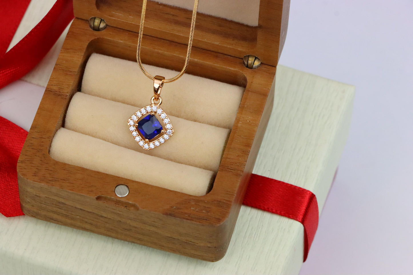 Blue Princess-Cut Pendant with Crystal Halo in Gold Plated Brass, XPPT1791 (2153-1)
