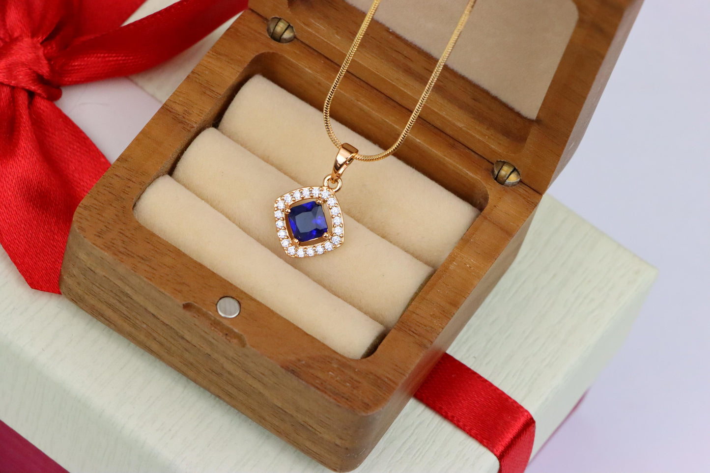 Blue Princess-Cut Pendant with Crystal Halo in Gold Plated Brass, XPPT1791 (2153-1)
