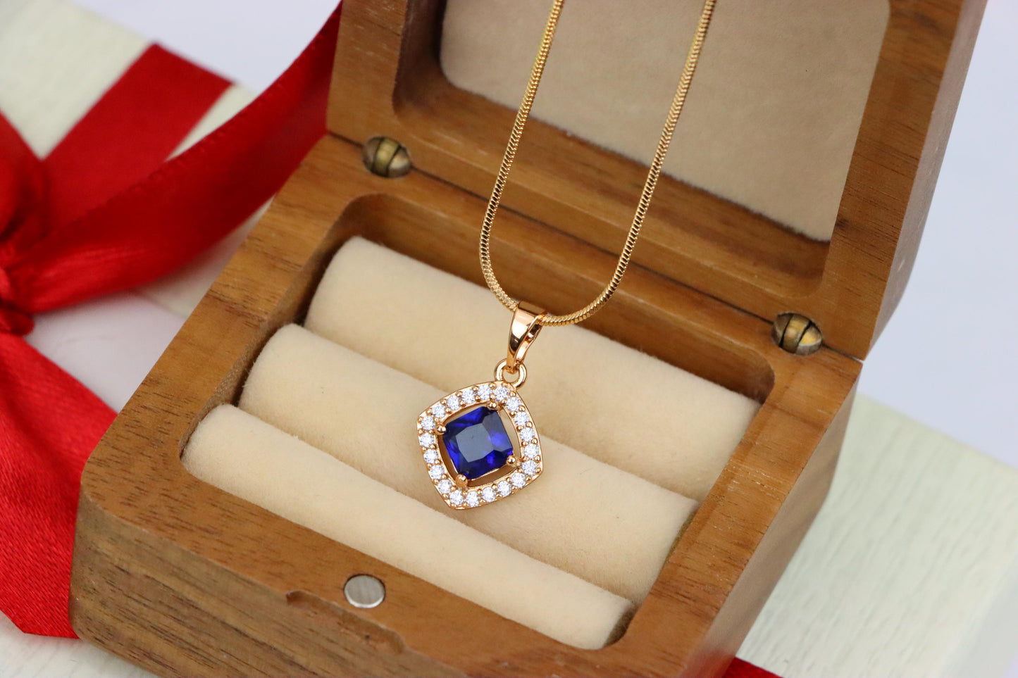 Blue Princess-Cut Pendant with Crystal Halo in Gold Plated Brass, XPPT1791 (2153-1)