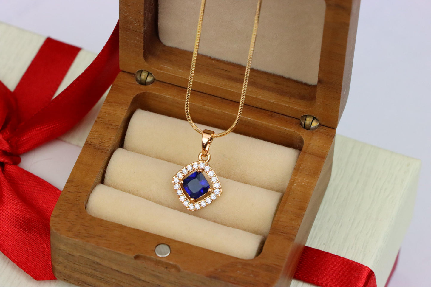 Blue Princess-Cut Pendant with Crystal Halo in Gold Plated Brass, XPPT1791 (2153-1)
