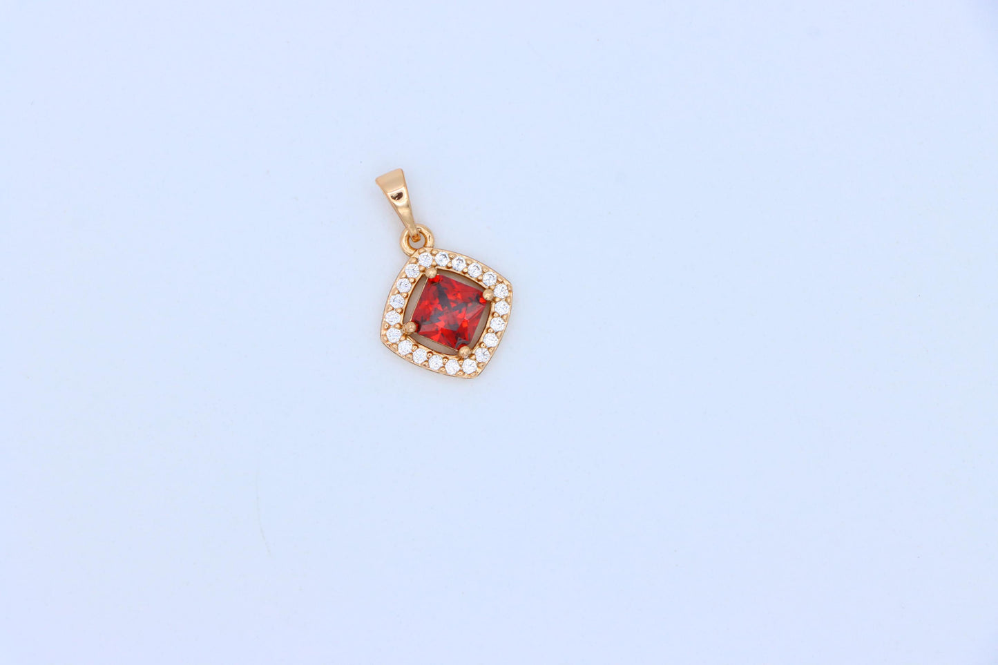 Red Princess-Cut Halo Pendant in Gold Plated Brass – Elegant Sparkle, XPPT1792 (2153-1)