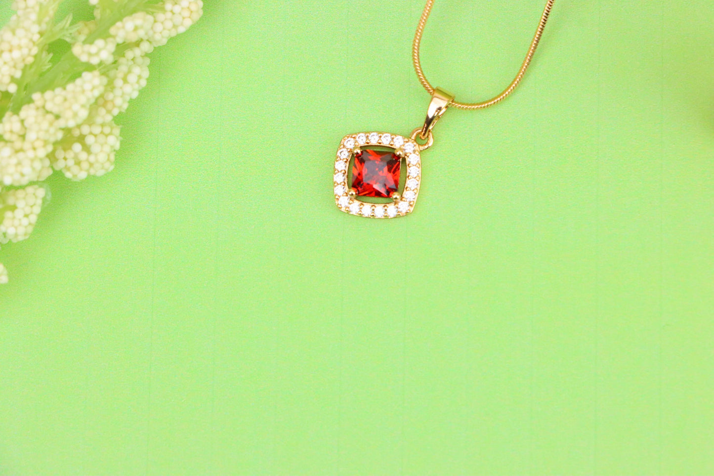 Red Princess-Cut Halo Pendant in Gold Plated Brass – Elegant Sparkle, XPPT1792 (2153-1)
