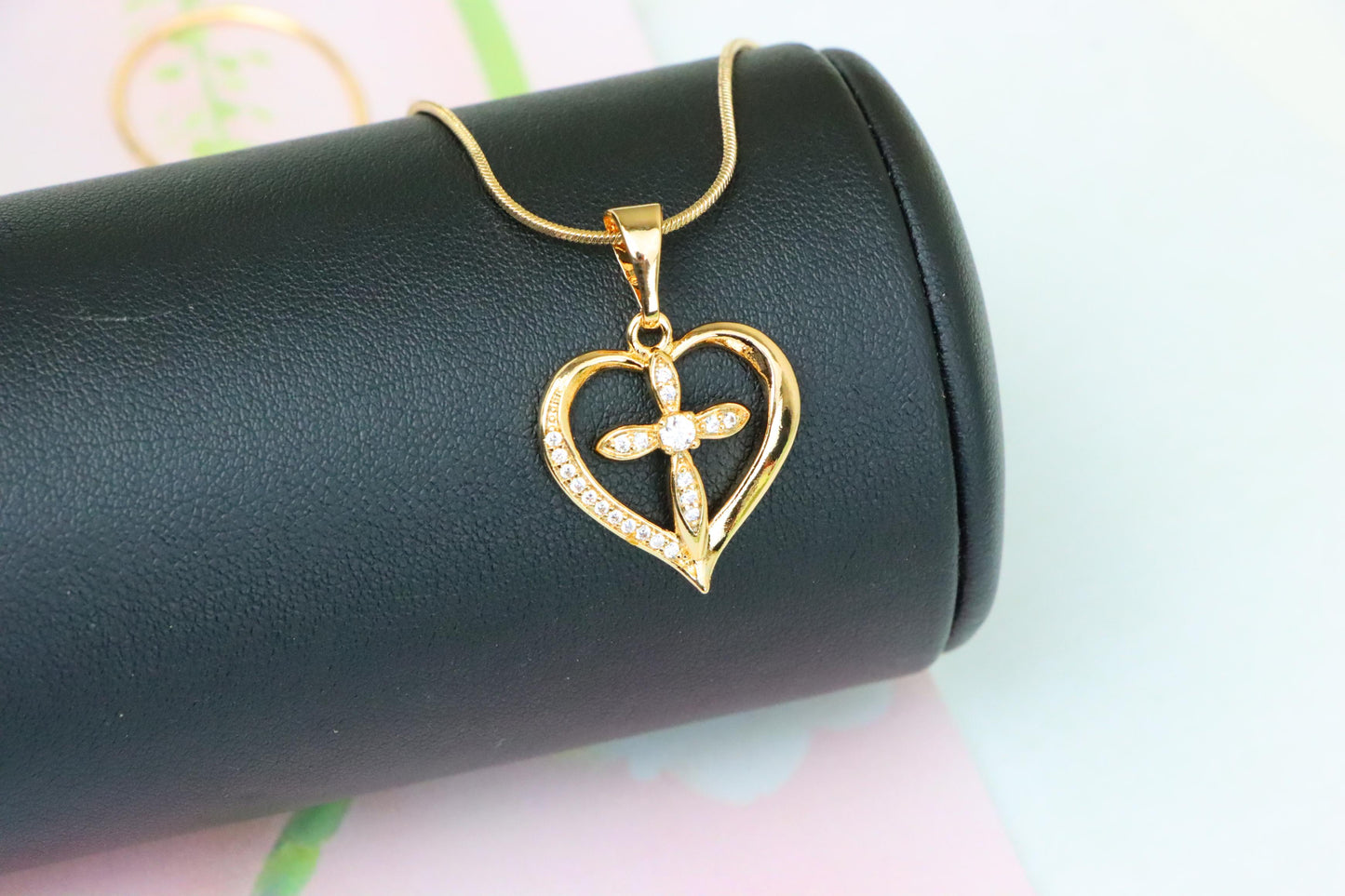 Heart-Shaped Rose Gold Cross Pendant with Sparkling Accents, XPPT1326 (2132-5)
