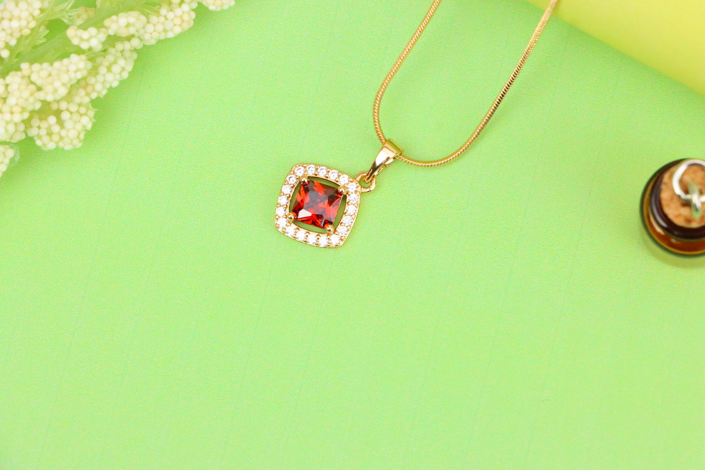 Red Princess-Cut Halo Pendant in Gold Plated Brass – Elegant Sparkle, XPPT1792 (2153-1)
