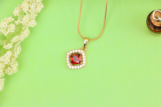 Red Princess-Cut Halo Pendant in Gold Plated Brass – Elegant Sparkle, XPPT1792 (2153-1)