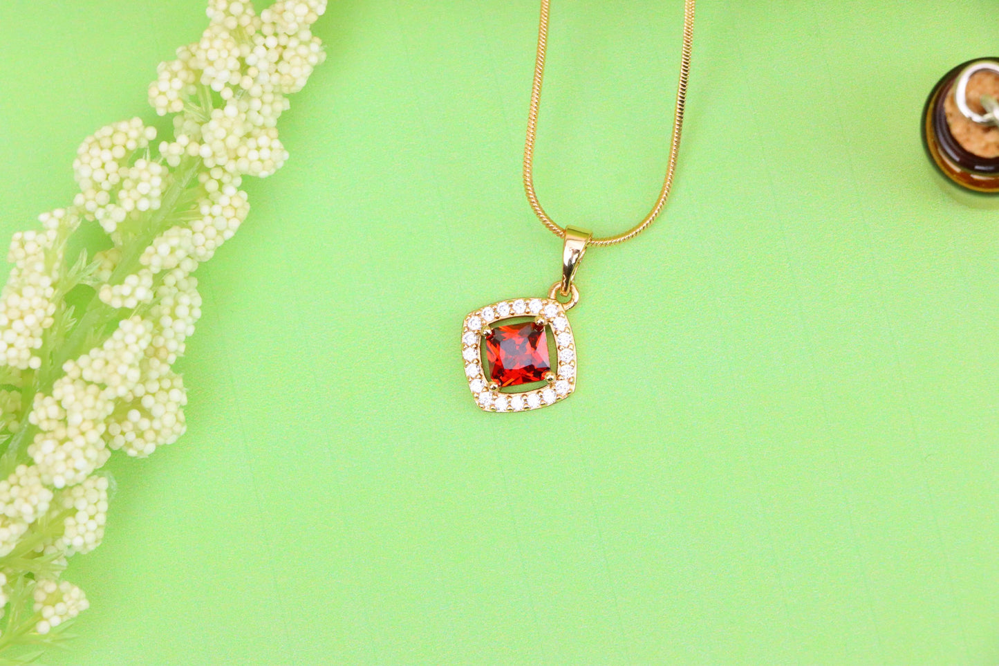 Red Princess-Cut Halo Pendant in Gold Plated Brass – Elegant Sparkle, XPPT1792 (2153-1)