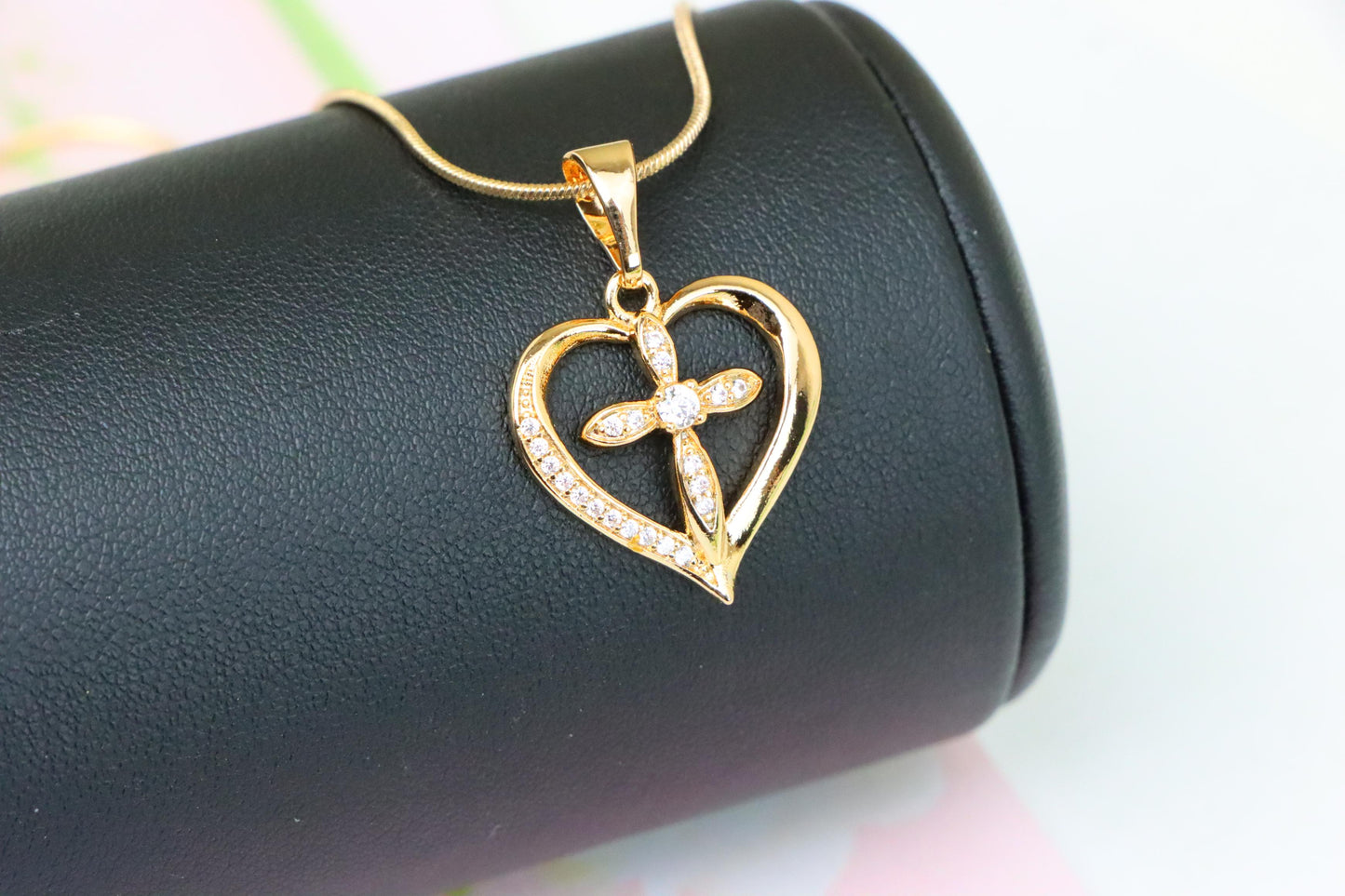 Heart-Shaped Rose Gold Cross Pendant with Sparkling Accents, XPPT1326 (2132-5)