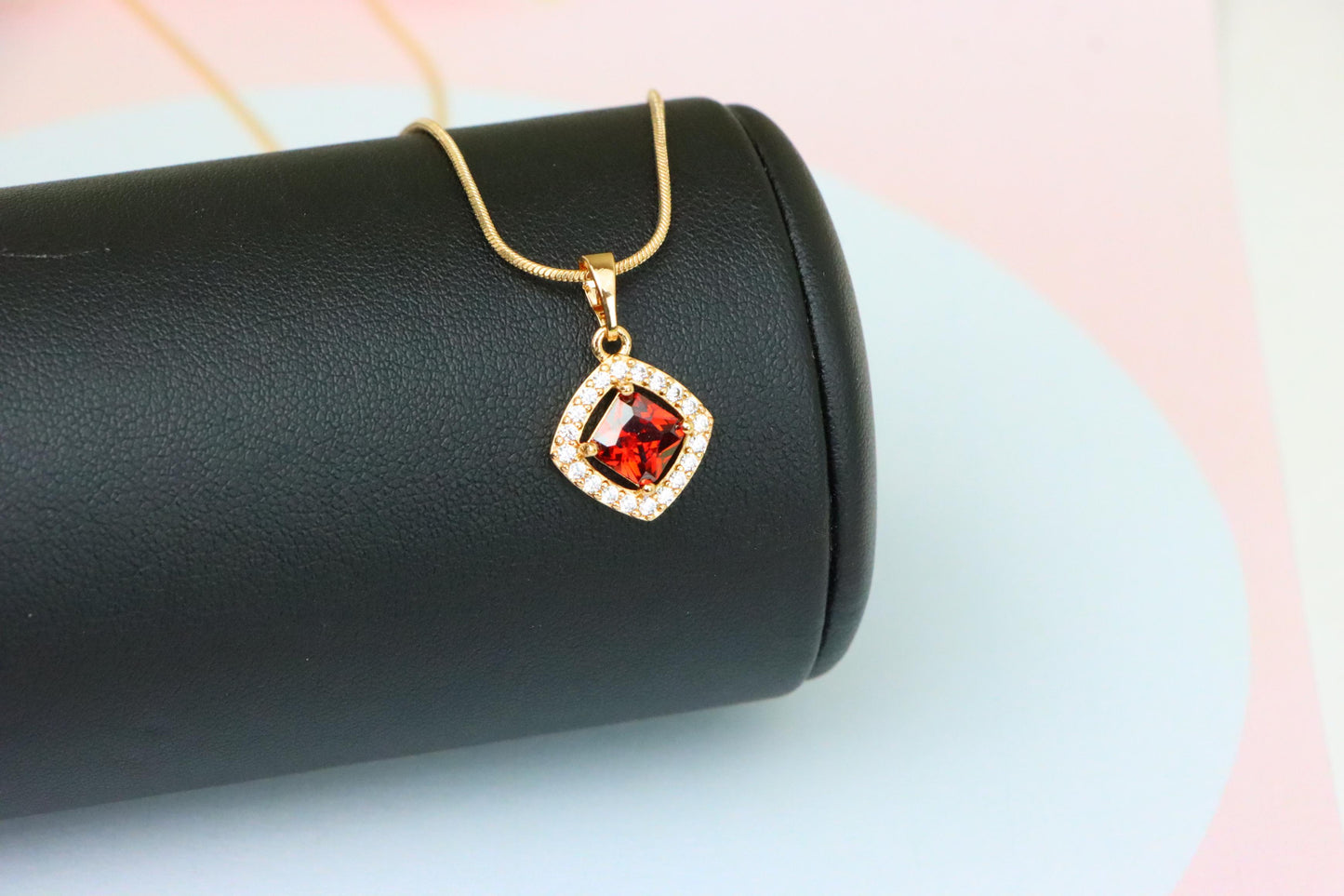 Red Princess-Cut Halo Pendant in Gold Plated Brass – Elegant Sparkle, XPPT1792 (2153-1)