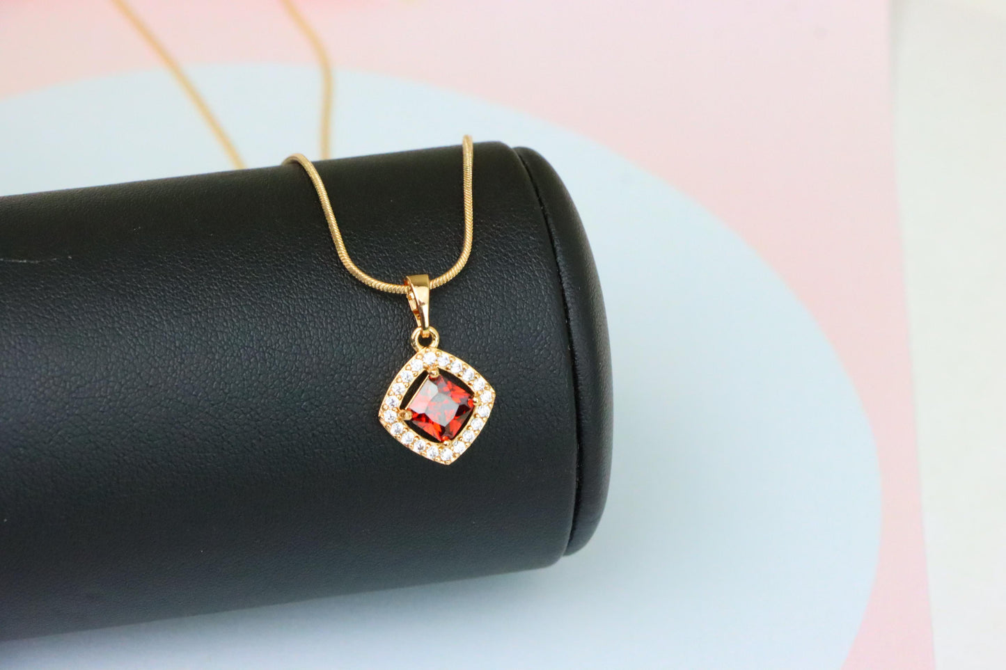 Red Princess-Cut Halo Pendant in Gold Plated Brass – Elegant Sparkle, XPPT1792 (2153-1)