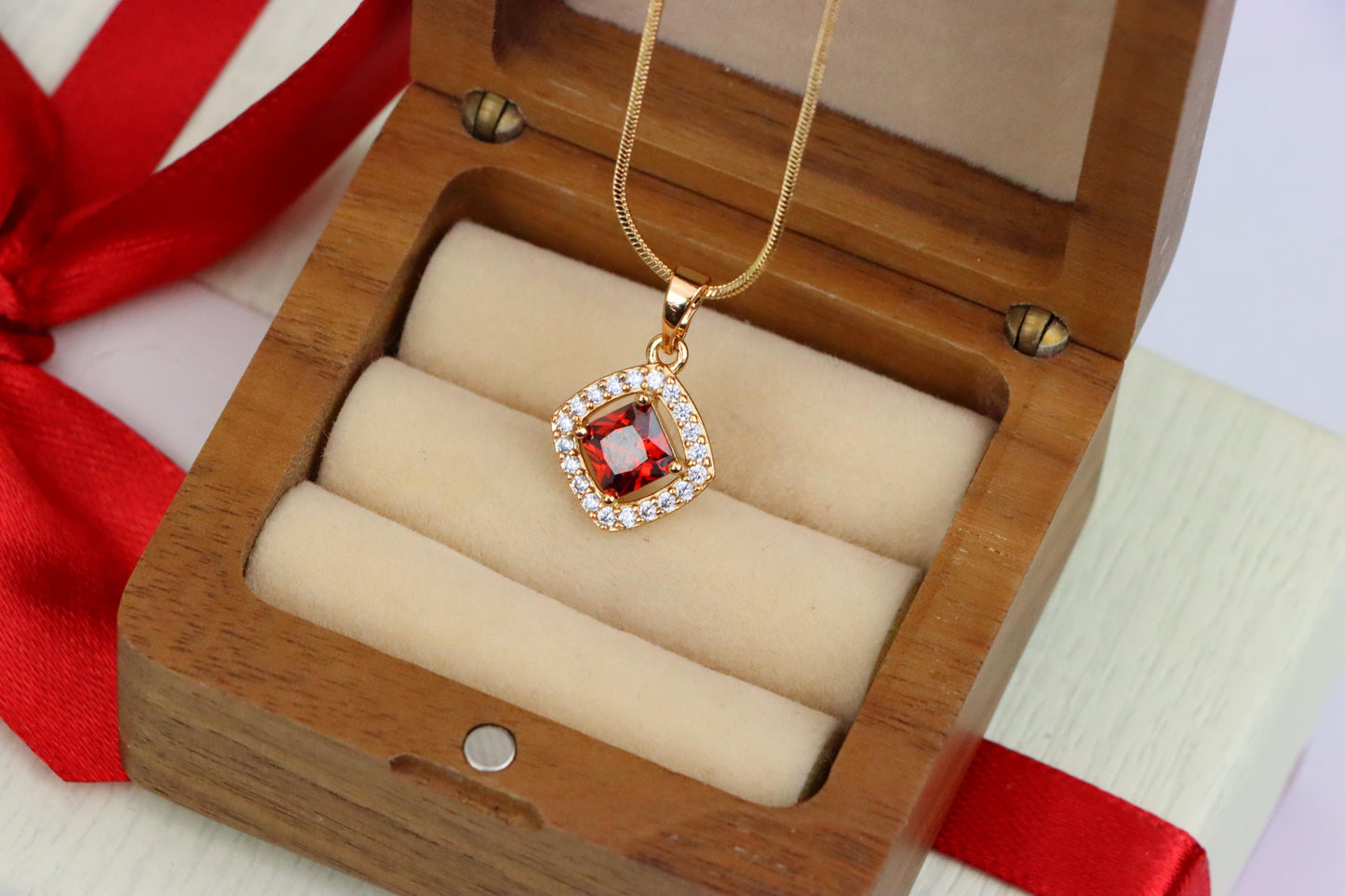 Red Princess-Cut Halo Pendant in Gold Plated Brass – Elegant Sparkle, XPPT1792 (2153-1)
