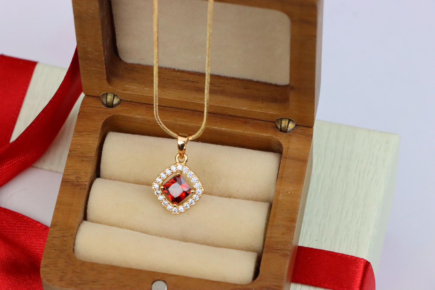 Red Princess-Cut Halo Pendant in Gold Plated Brass – Elegant Sparkle, XPPT1792 (2153-1)