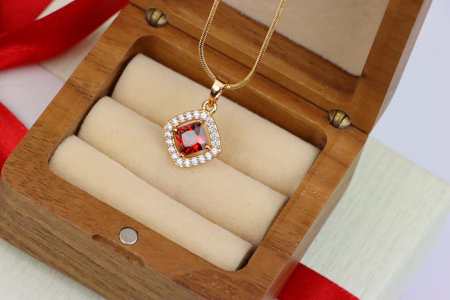 Red Princess-Cut Halo Pendant in Gold Plated Brass – Elegant Sparkle, XPPT1792 (2153-1)