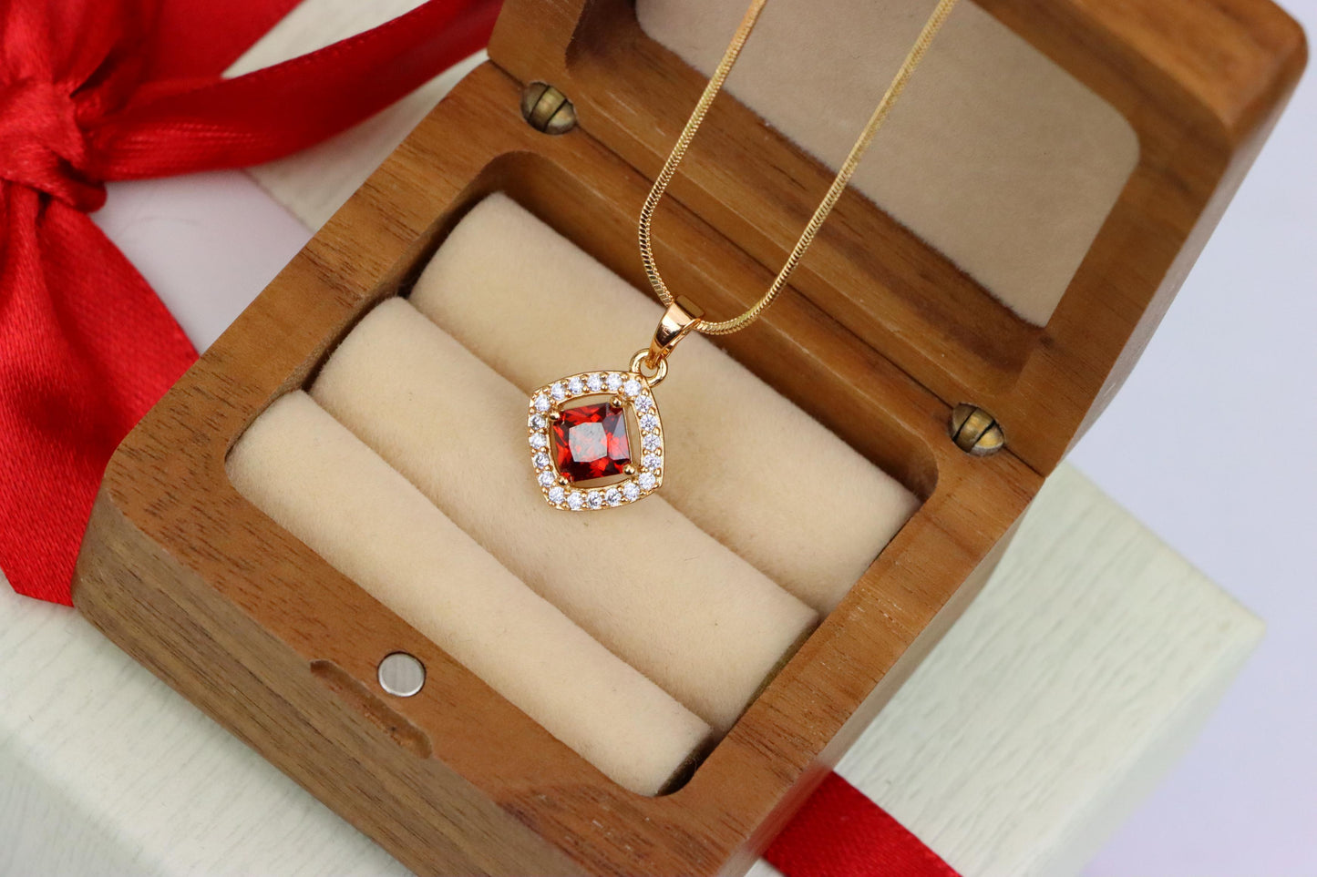 Red Princess-Cut Halo Pendant in Gold Plated Brass – Elegant Sparkle, XPPT1792 (2153-1)