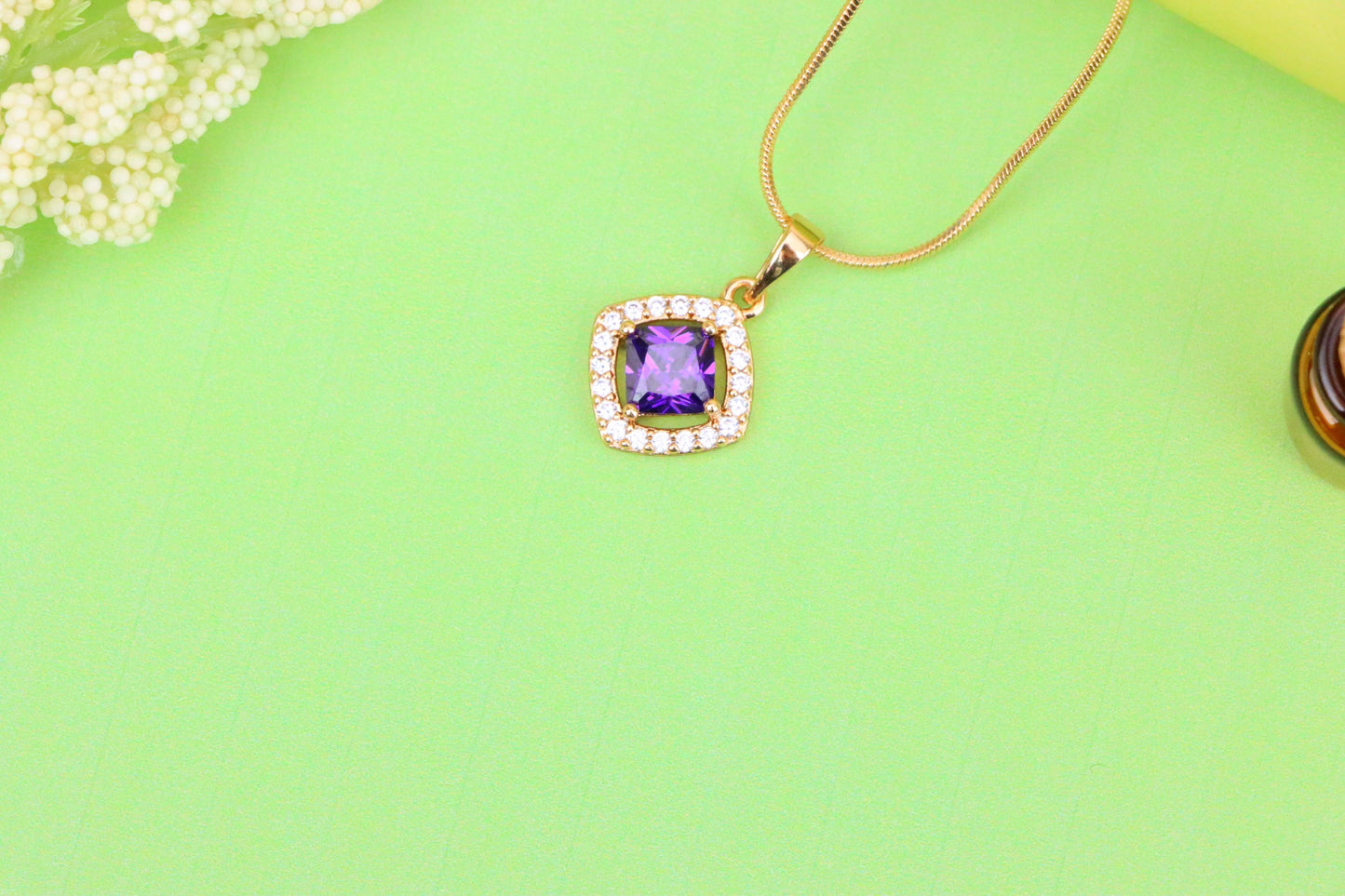 Princess-Cut Purple Halo Pendant in Gold Plated Brass – Glam Touch, XPPT1793 (2153-1)