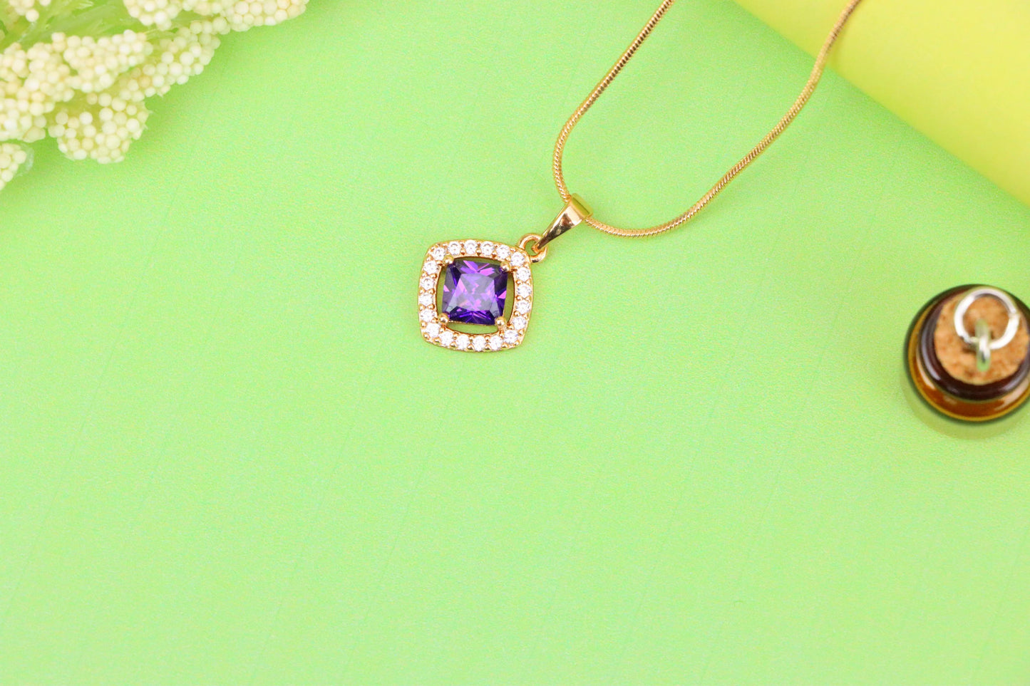 Princess-Cut Purple Halo Pendant in Gold Plated Brass – Glam Touch, XPPT1793 (2153-1)