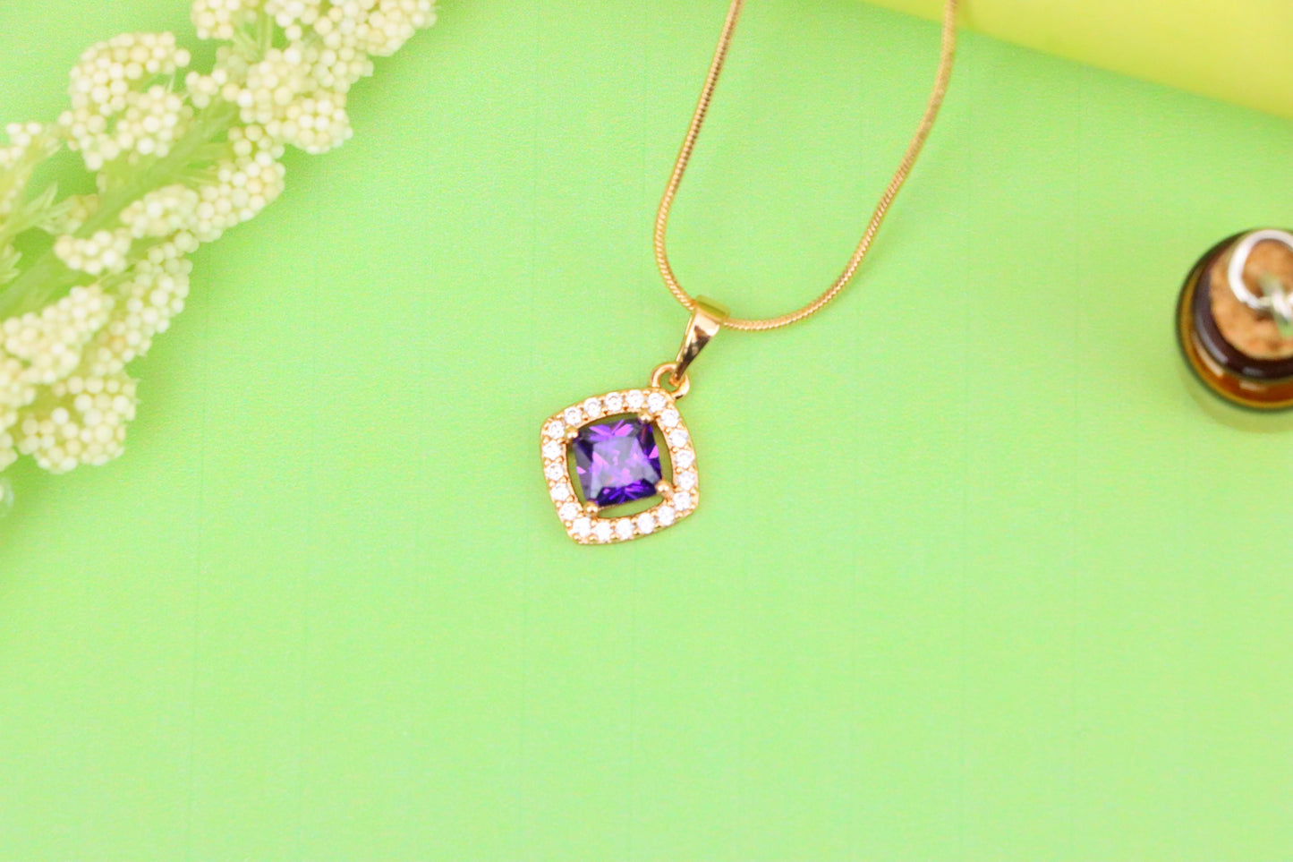 Princess-Cut Purple Halo Pendant in Gold Plated Brass – Glam Touch, XPPT1793 (2153-1)