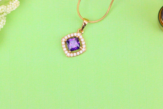 Princess-Cut Purple Halo Pendant in Gold Plated Brass – Glam Touch, XPPT1793 (2153-1)