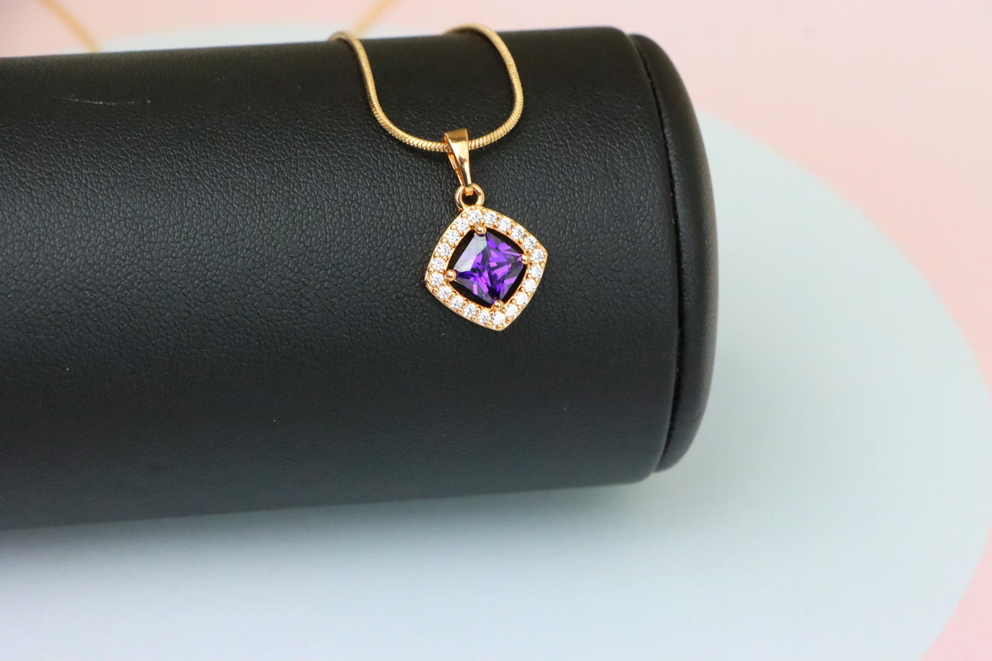 Princess-Cut Purple Halo Pendant in Gold Plated Brass – Glam Touch, XPPT1793 (2153-1)