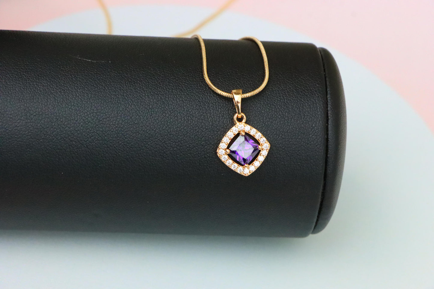 Princess-Cut Purple Halo Pendant in Gold Plated Brass – Glam Touch, XPPT1793 (2153-1)
