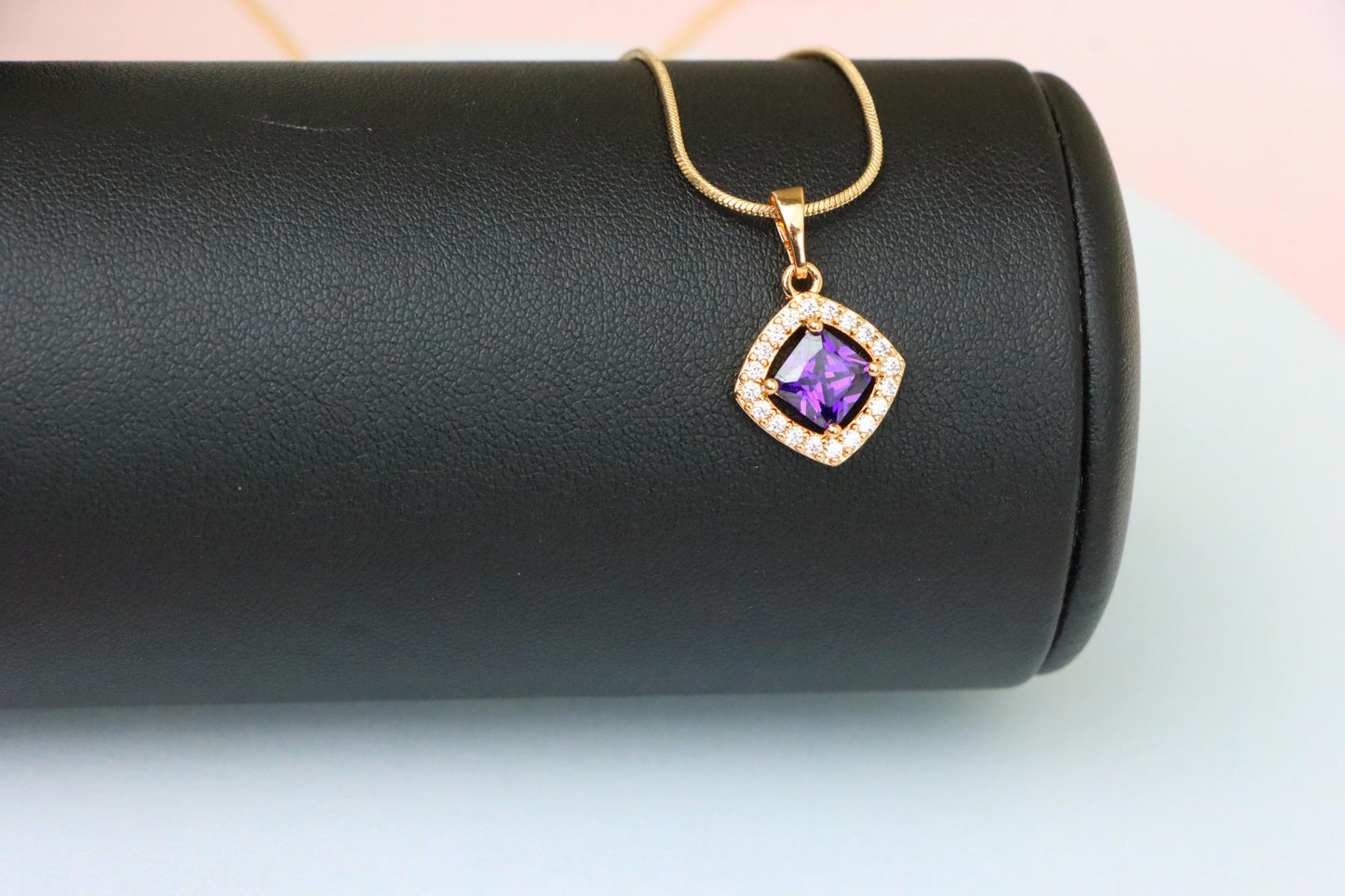 Princess-Cut Purple Halo Pendant in Gold Plated Brass – Glam Touch, XPPT1793 (2153-1)