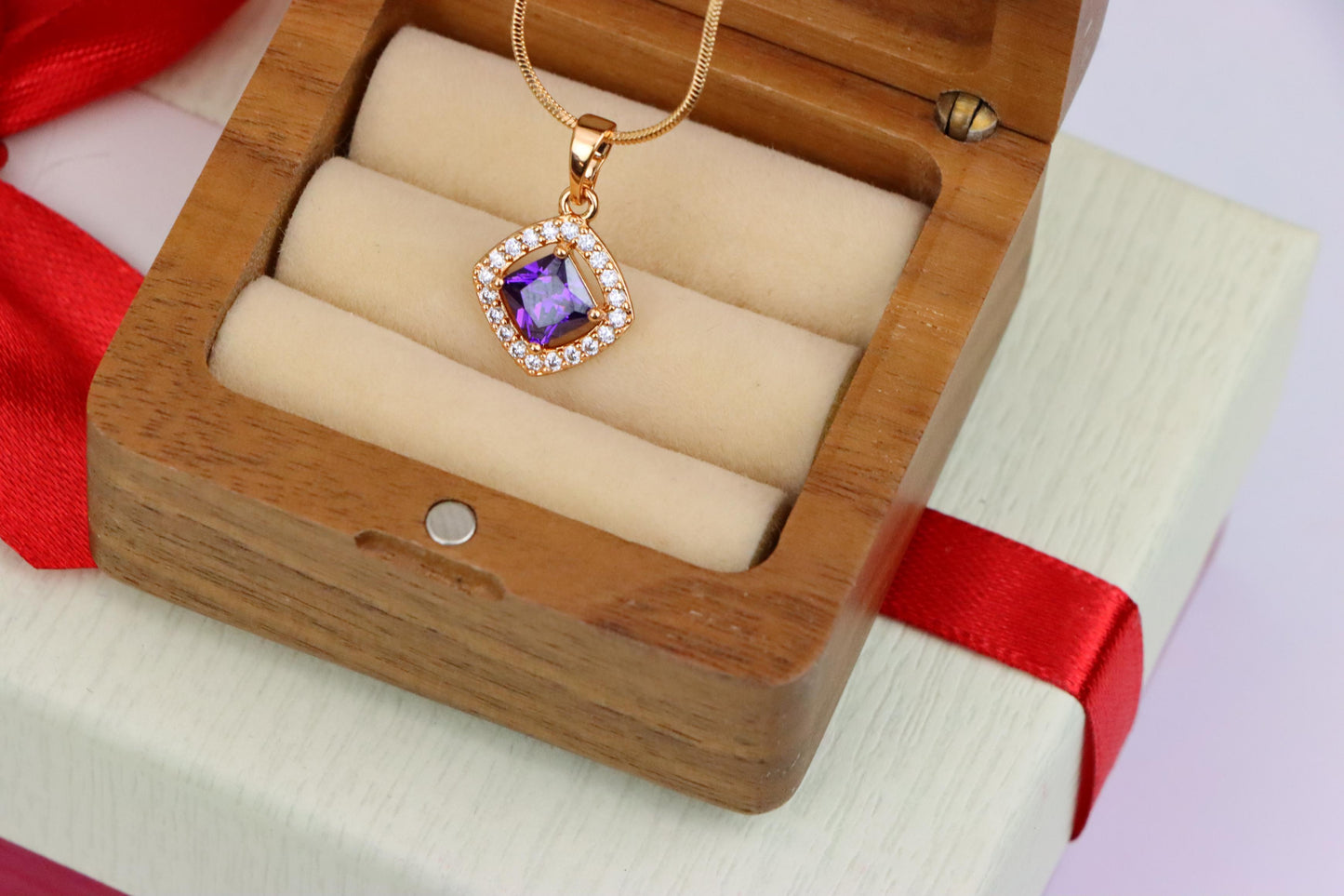 Princess-Cut Purple Halo Pendant in Gold Plated Brass – Glam Touch, XPPT1793 (2153-1)