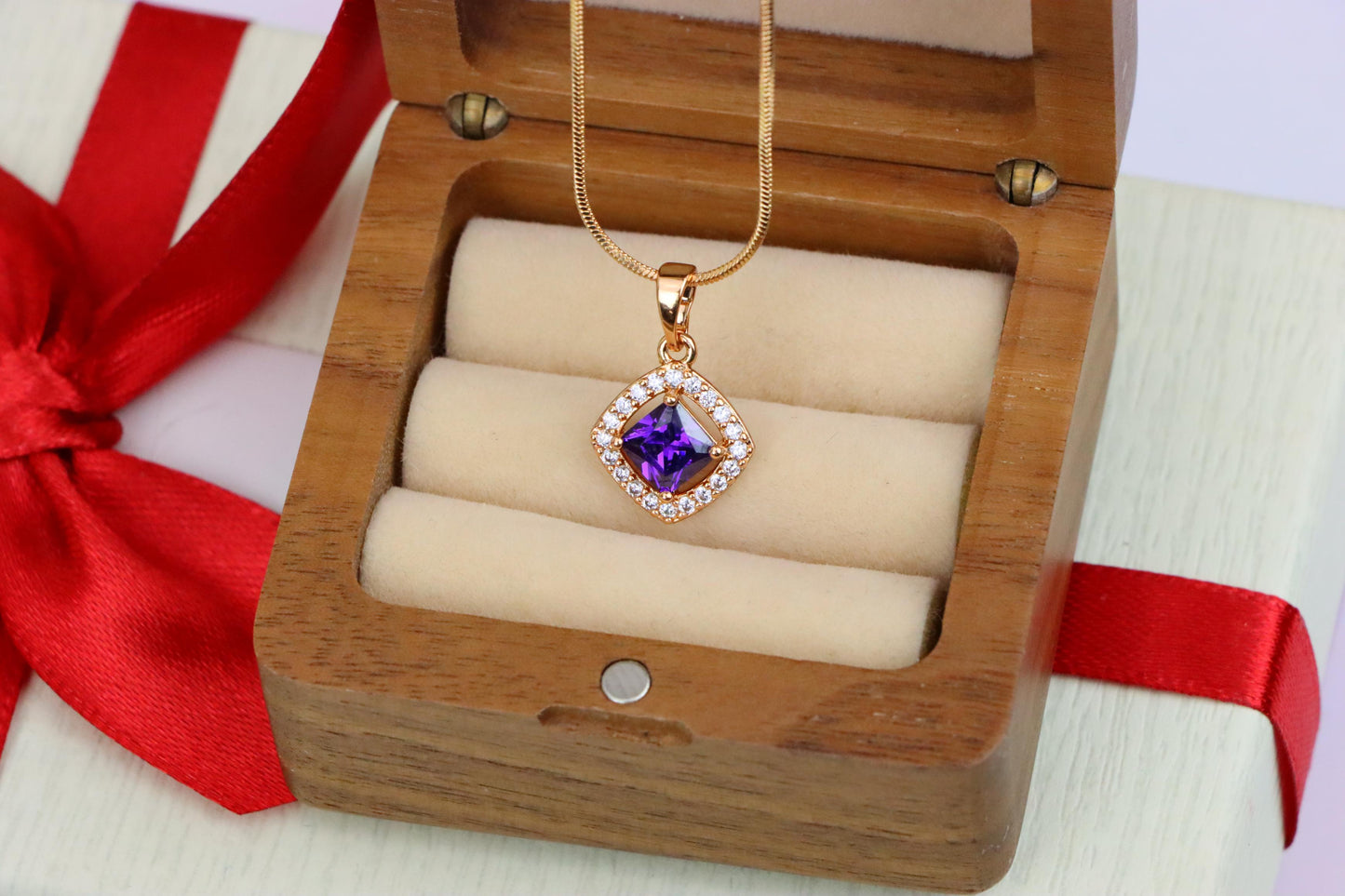 Princess-Cut Purple Halo Pendant in Gold Plated Brass – Glam Touch, XPPT1793 (2153-1)