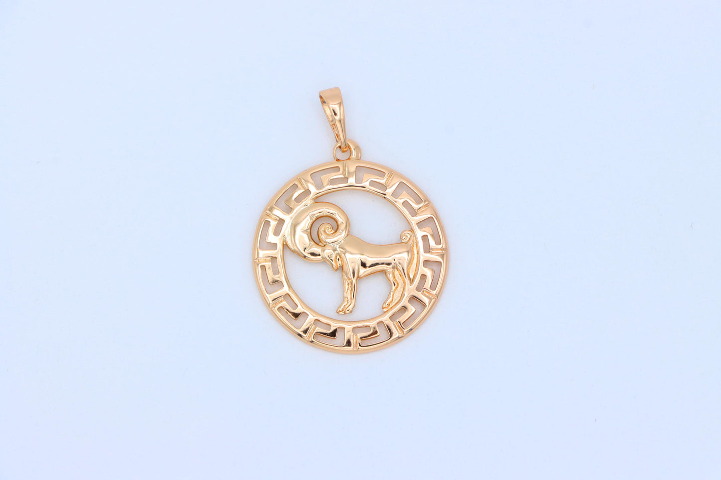 Zodiac Ram Rose Gold Round Pendant in Geometric Border Design, XPPT1328 (2132-7)