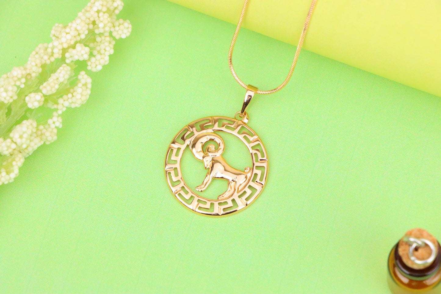 Zodiac Ram Rose Gold Round Pendant in Geometric Border Design, XPPT1328 (2132-7)