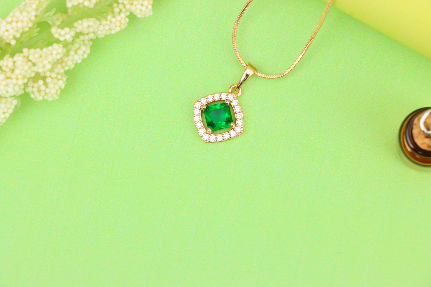 Emerald Green Square Halo Pendant in Gold Plated Finish – Elegant Look, XPPT1794 (2153-1)