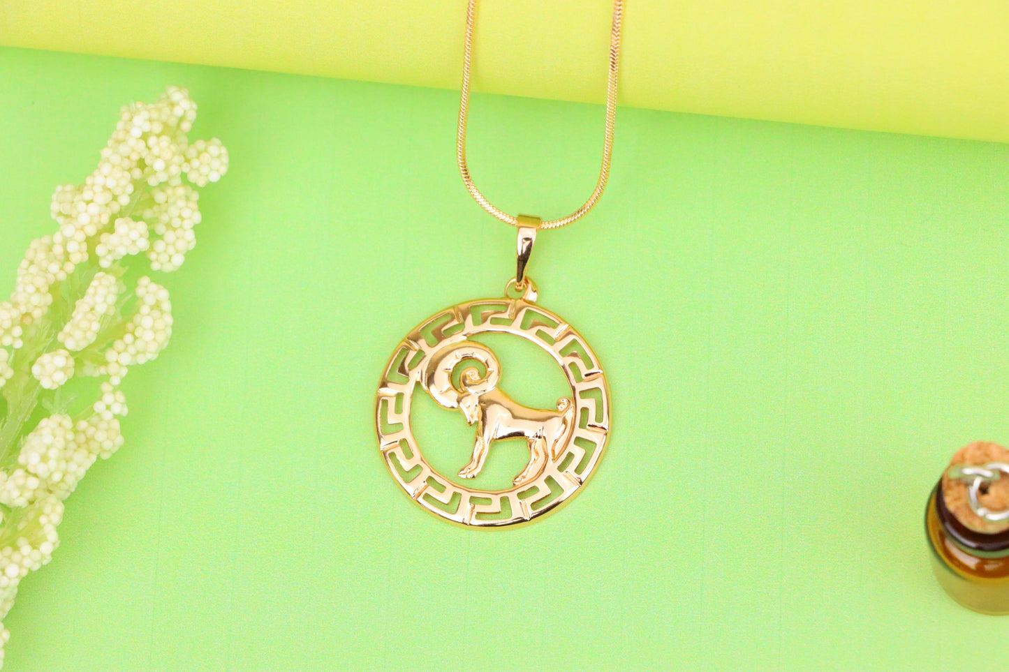 Zodiac Ram Rose Gold Round Pendant in Geometric Border Design, XPPT1328 (2132-7)