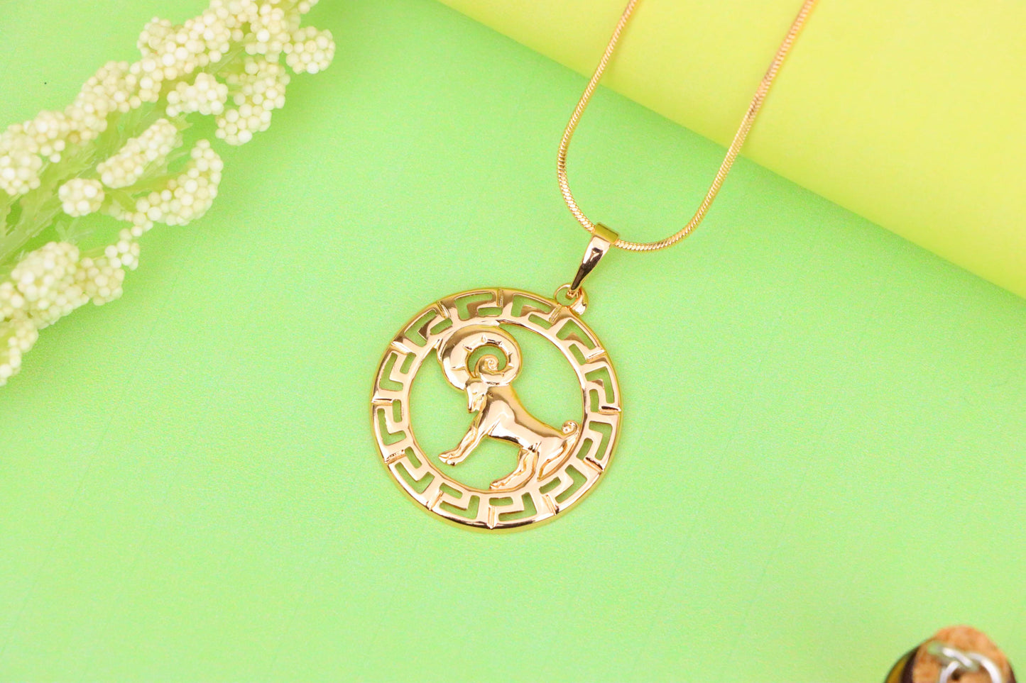 Zodiac Ram Rose Gold Round Pendant in Geometric Border Design, XPPT1328 (2132-7)