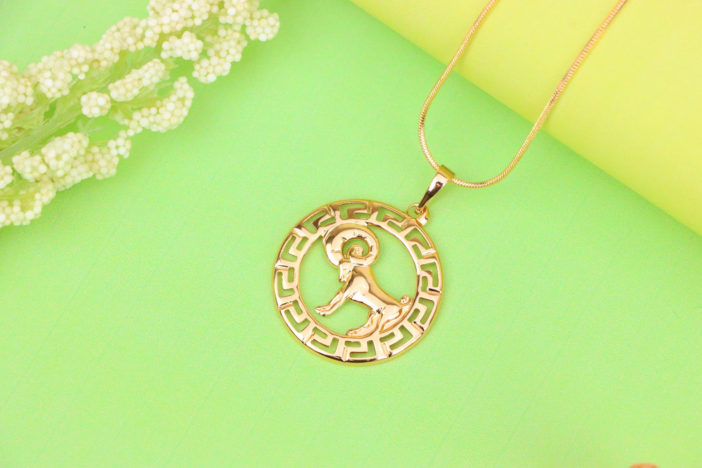 Zodiac Ram Rose Gold Round Pendant in Geometric Border Design, XPPT1328 (2132-7)