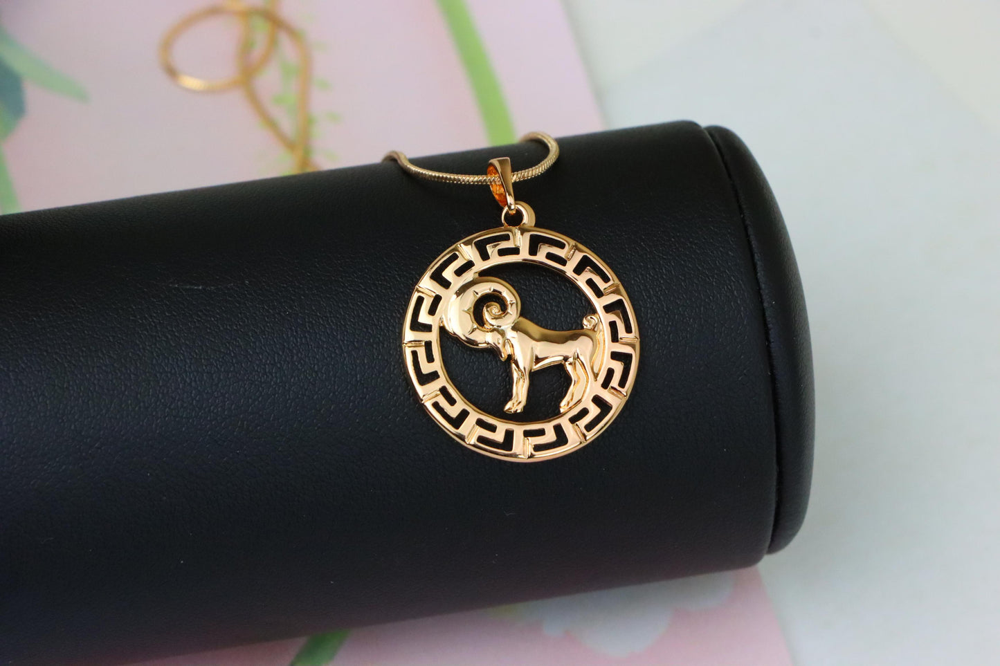 Zodiac Ram Rose Gold Round Pendant in Geometric Border Design, XPPT1328 (2132-7)