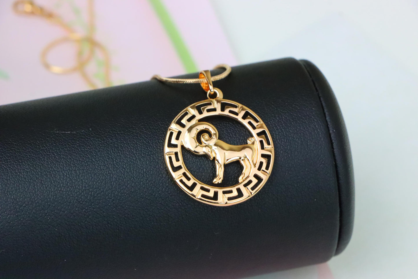 Zodiac Ram Rose Gold Round Pendant in Geometric Border Design, XPPT1328 (2132-7)