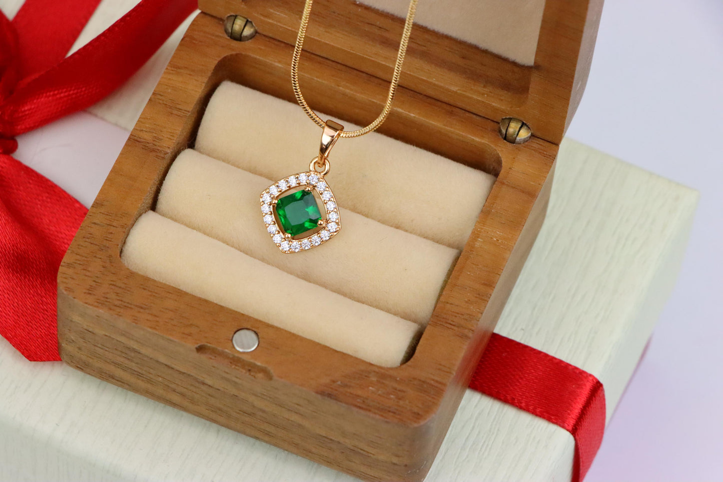 Emerald Green Square Halo Pendant in Gold Plated Finish – Elegant Look, XPPT1794 (2153-1)
