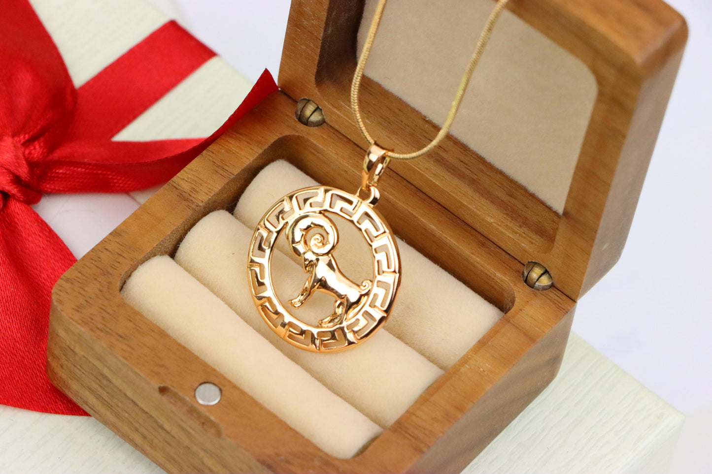 Zodiac Ram Rose Gold Round Pendant in Geometric Border Design, XPPT1328 (2132-7)